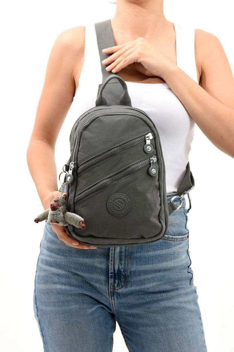 Sanmorris Unisex Kırinkıl Kumaş Suya Dayanıklı Çok Bölmeli Omuz Çantası Body Bag KOYU GRİ RENK