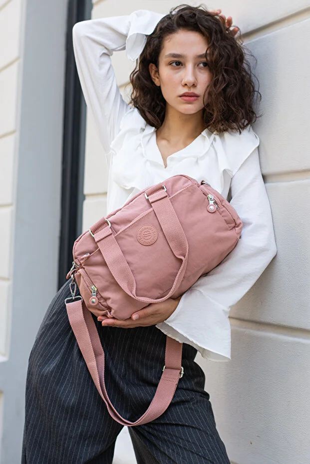 Sanmorris 3030 Unisex Krinkle Kumaş Omuz ve Çapraz Çanta PEMBE — görsel 4