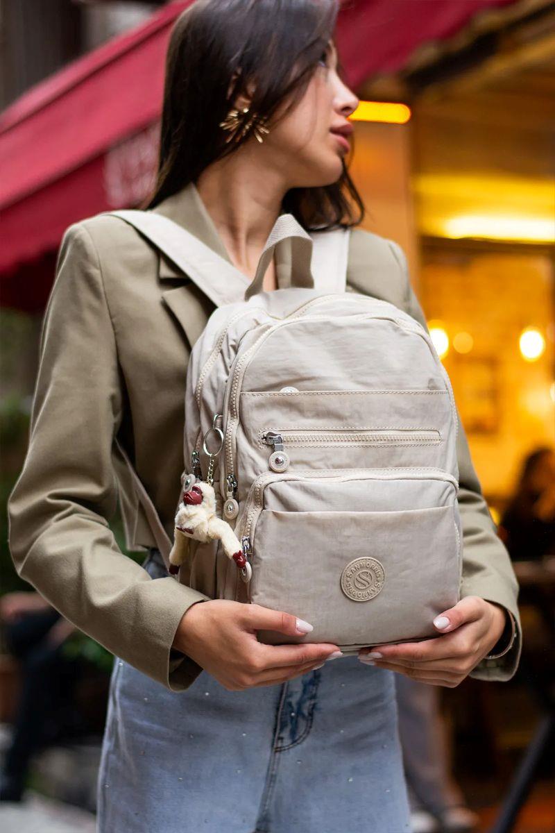 Sanmorris Unisex Suya Dayanıklı Kumaş Çok Gözlü Laptop Bölmeli Orta Boy Seyahat ve Okul Çantası KREM — görsel 2